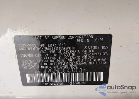 2025 Subaru Crosstrek Premium z USA, uszkodzony, nr VIN JF2GUHDC8S8340704